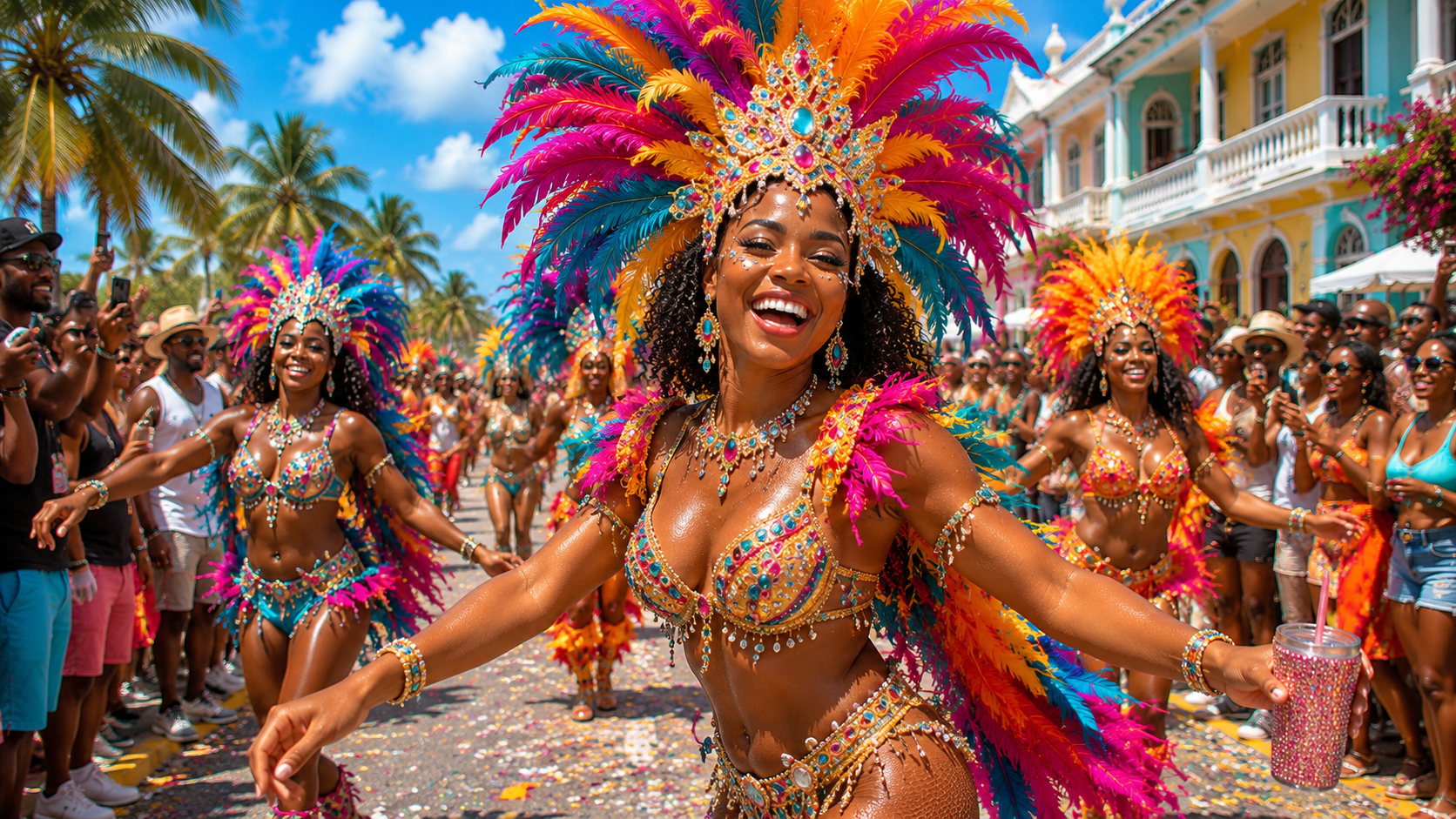 Colorful Caribbean festival costumes and dancers moving through a street parade
