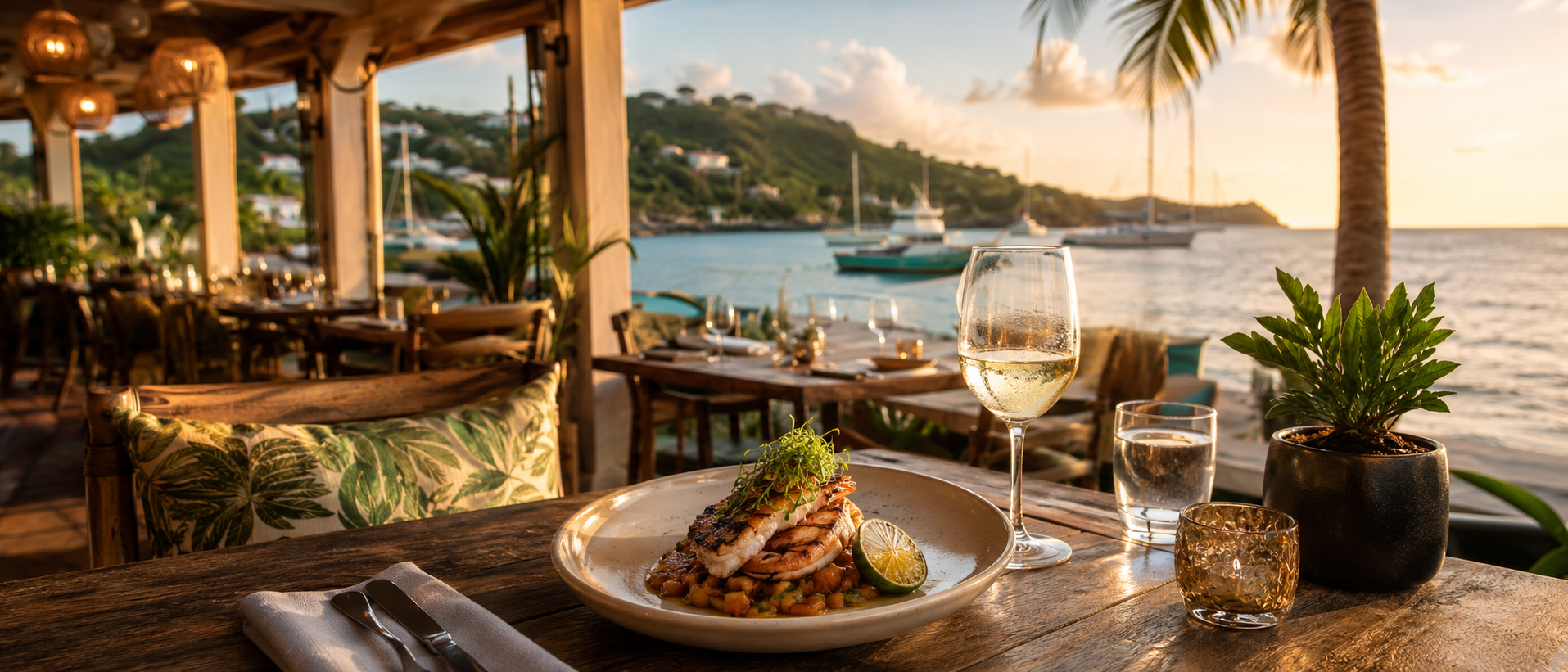 Island dining spread with cocktails and plates at golden hour