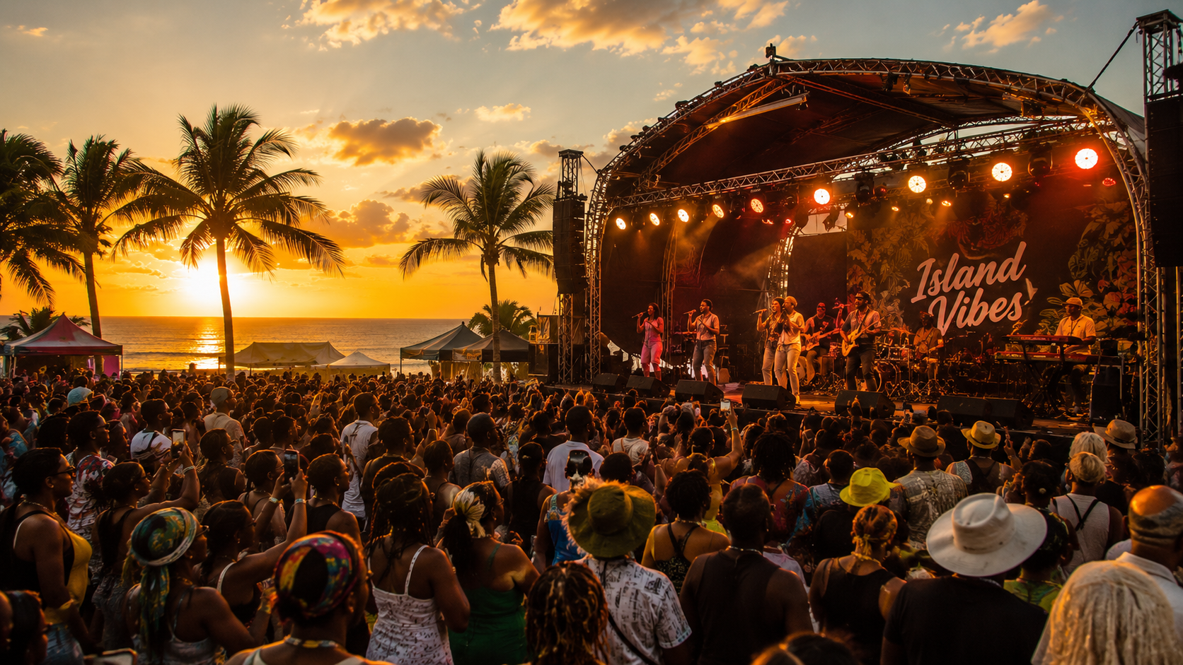 Crowd gathering for a night festival on Aria at sunset