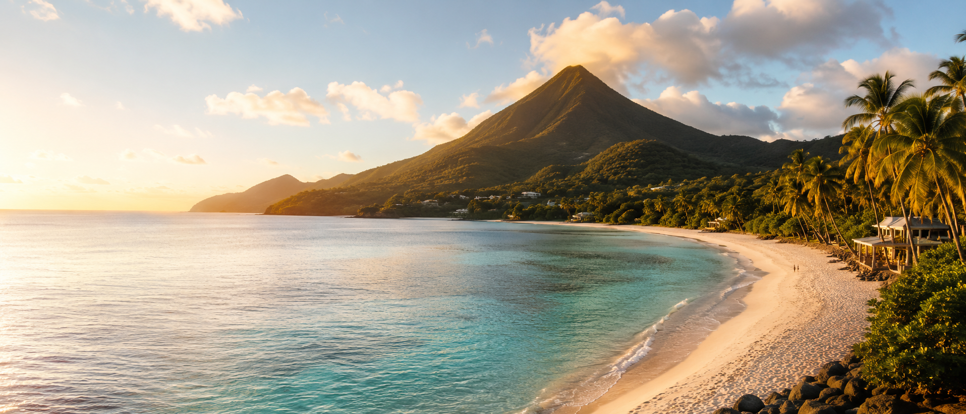 Golden hour over a calm Leeward Coast bay, with gentle waves along the beach