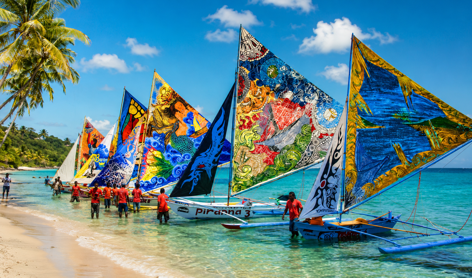 Open-water swimmers crossing clear Caribbean water during a long-distance island challenge