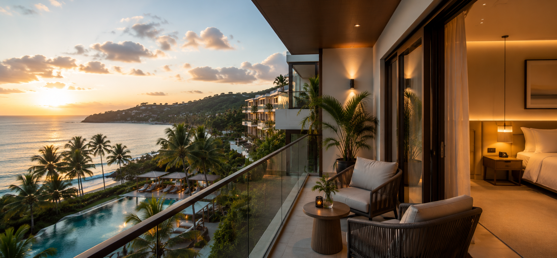 Island resort terrace looking toward a calm bay
