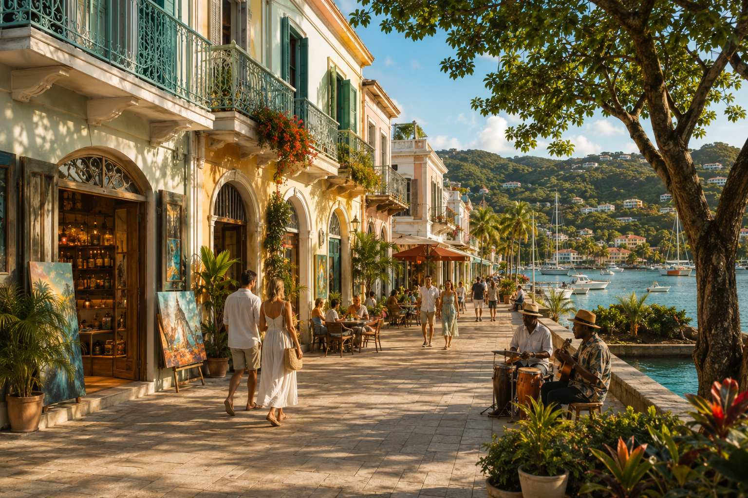Colourful harbour town street with old buildings